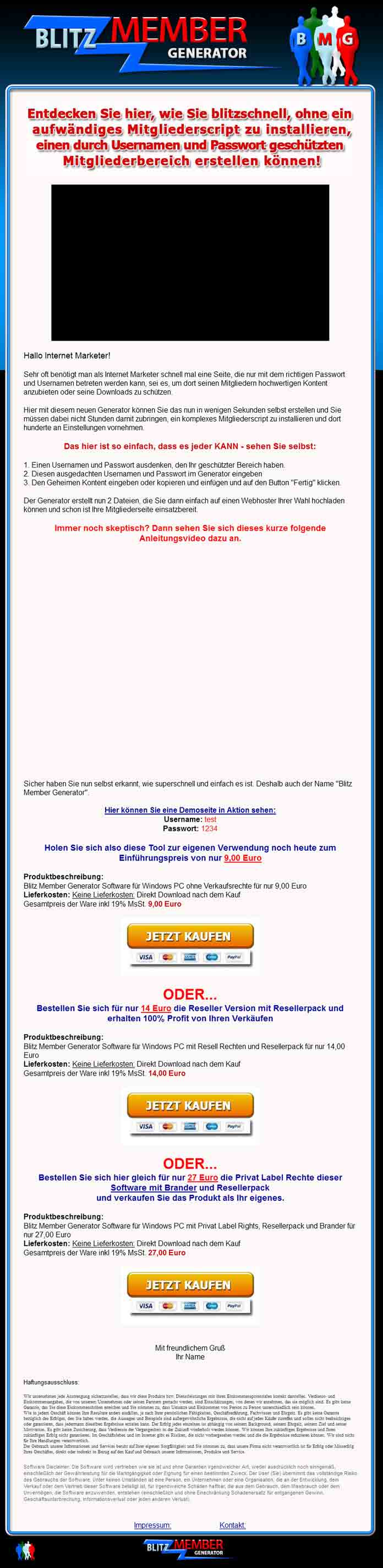 Screenshot Verkaufswebseite